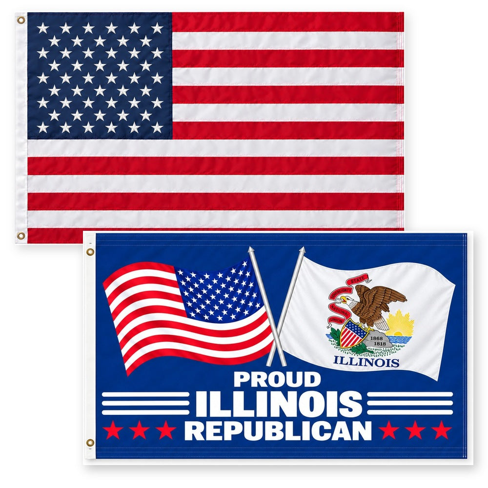 Heavy Duty American Flag and Proud Illinois Republican Flag 3x5 2-Pack