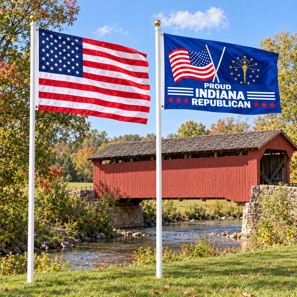 Heavy Duty American Flag and Proud Indiana Republican Flag 3x5 2-Pack displayed outdoors