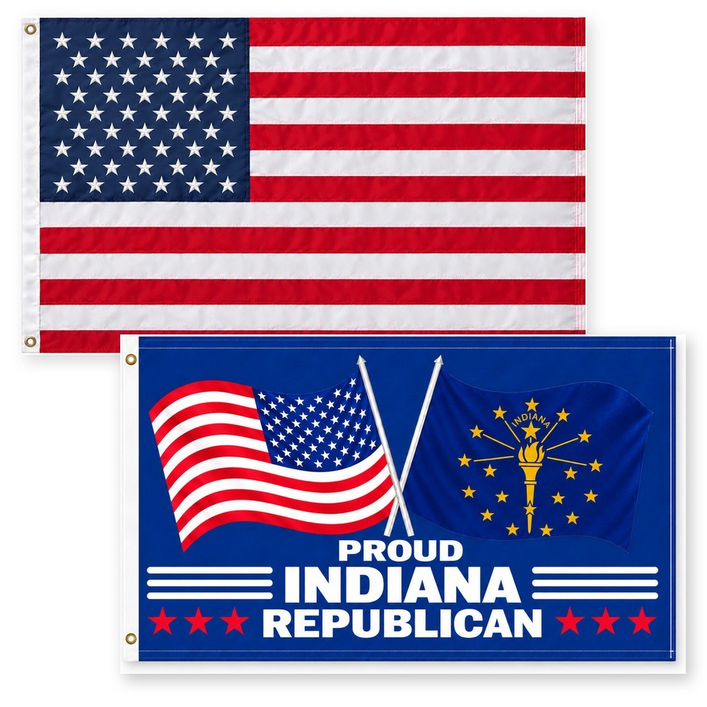 Heavy Duty American Flag and Proud Indiana Republican Flag 3x5 2-Pack