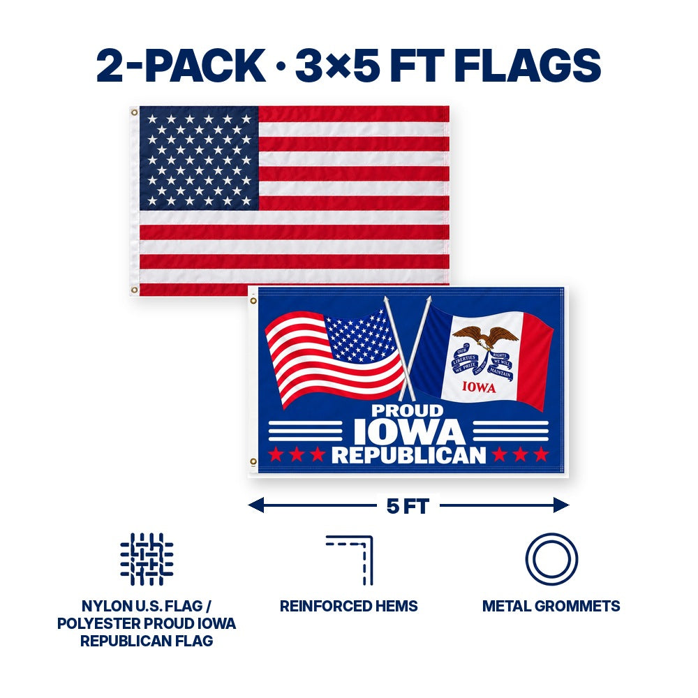 Heavy Duty American Flag and Proud Iowa Republican Flag 3x5 2-Pack features and size details