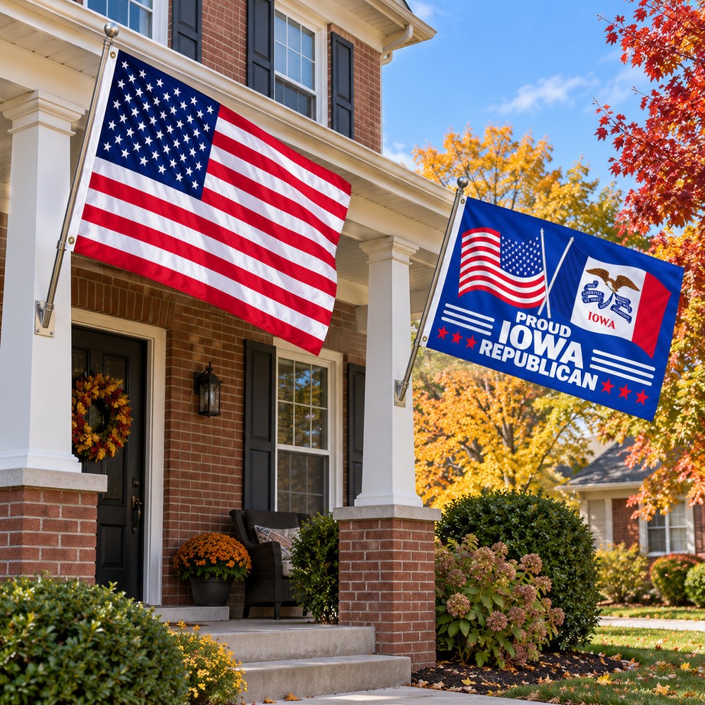 Heavy Duty American Flag and Proud Iowa Republican Flag 3x5 2-Pack displayed outdoors