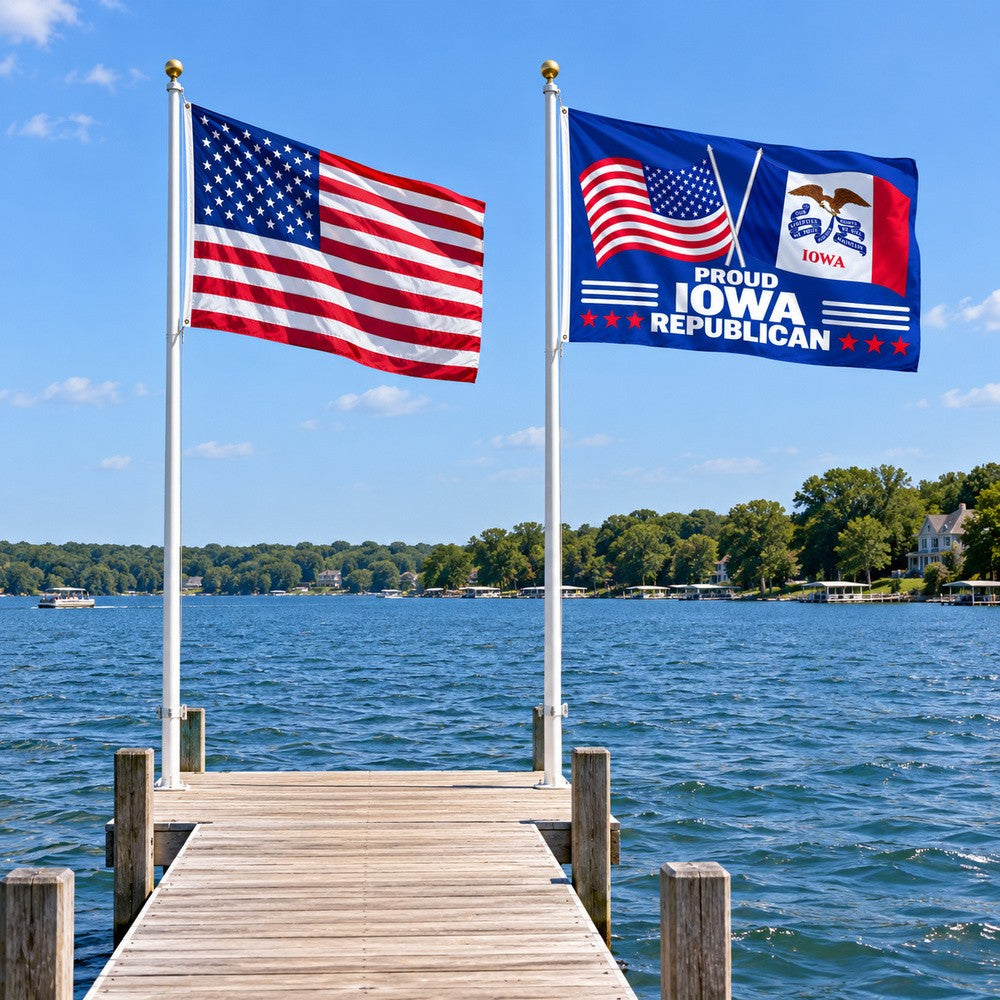 Heavy Duty American Flag and Proud Iowa Republican Flag 3x5 2-Pack displayed outdoors