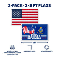 Heavy Duty American Flag and Proud Kansas Republican Flag 3x5 2-Pack features and size details