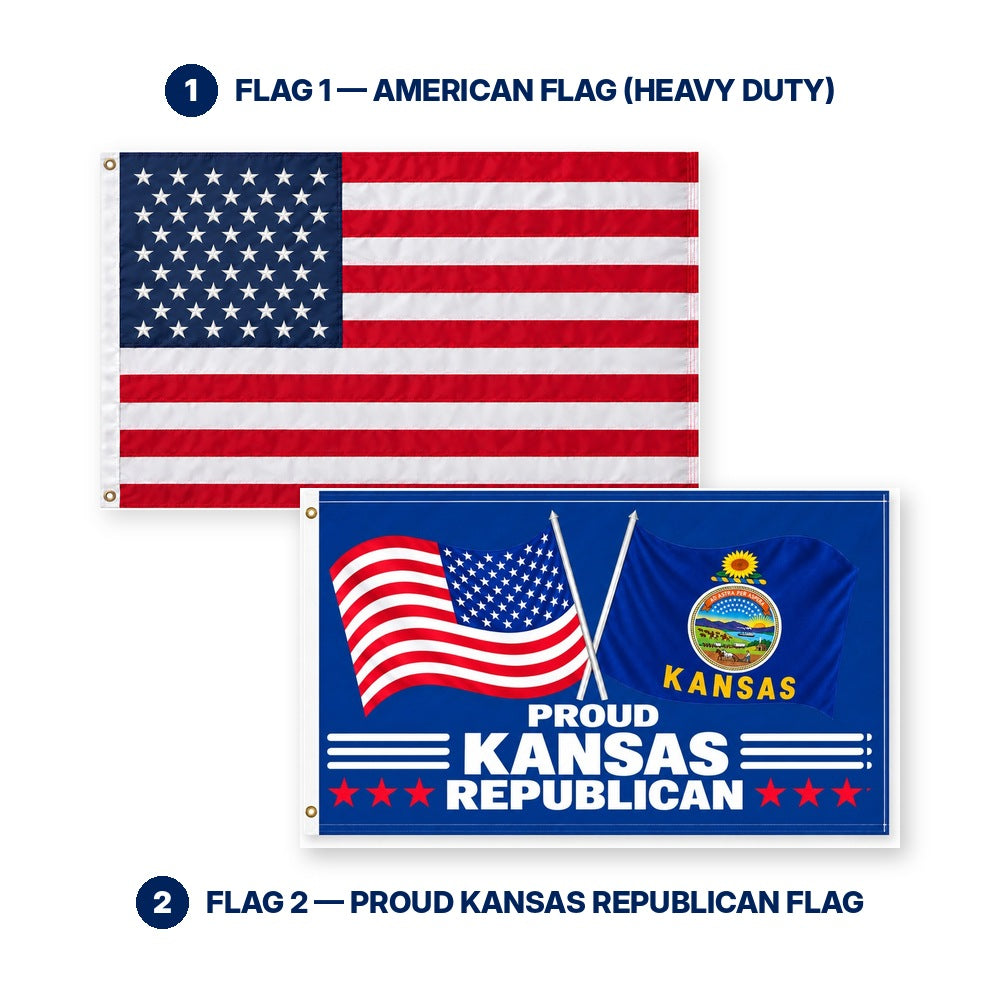Heavy Duty American Flag and Proud Kansas Republican Flag 3x5 2-Pack features and size details