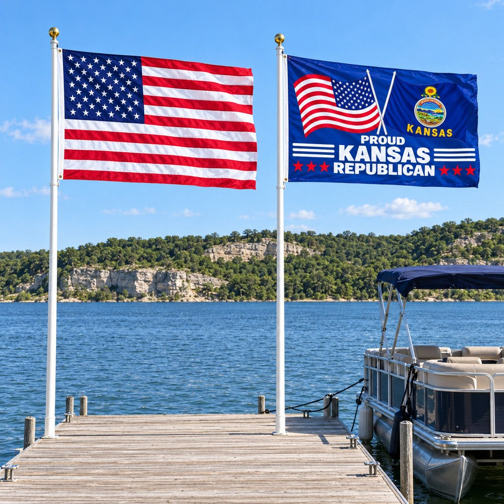 Heavy Duty American Flag and Proud Kansas Republican Flag 3x5 2-Pack displayed outdoors