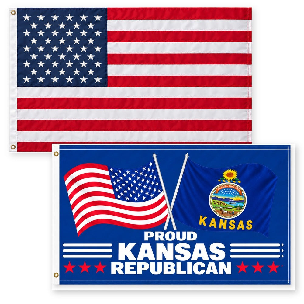 Heavy Duty American Flag and Proud Kansas Republican Flag 3x5 2-Pack