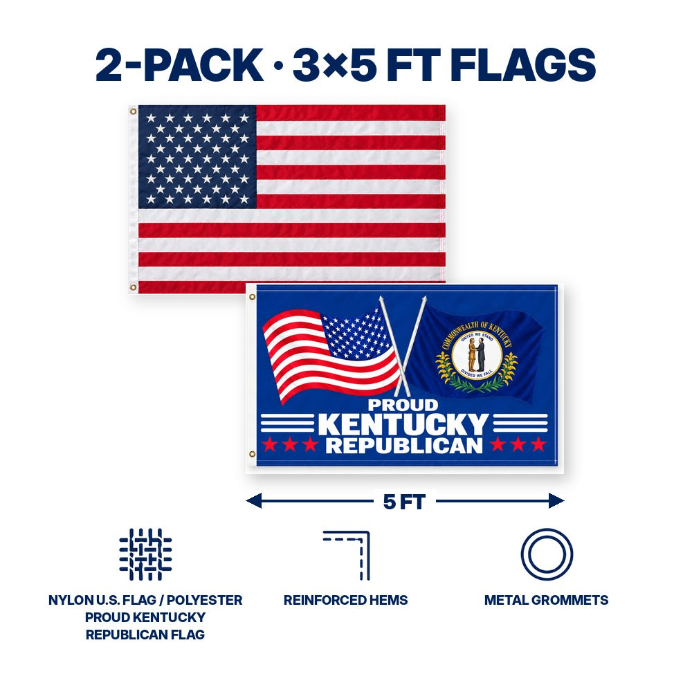 Heavy Duty American Flag and Proud Kentucky Republican Flag 3x5 2-Pack features and size details
