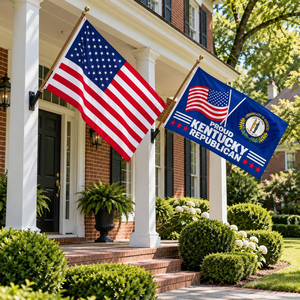 Heavy Duty American Flag and Proud Kentucky Republican Flag 3x5 2-Pack displayed outdoors