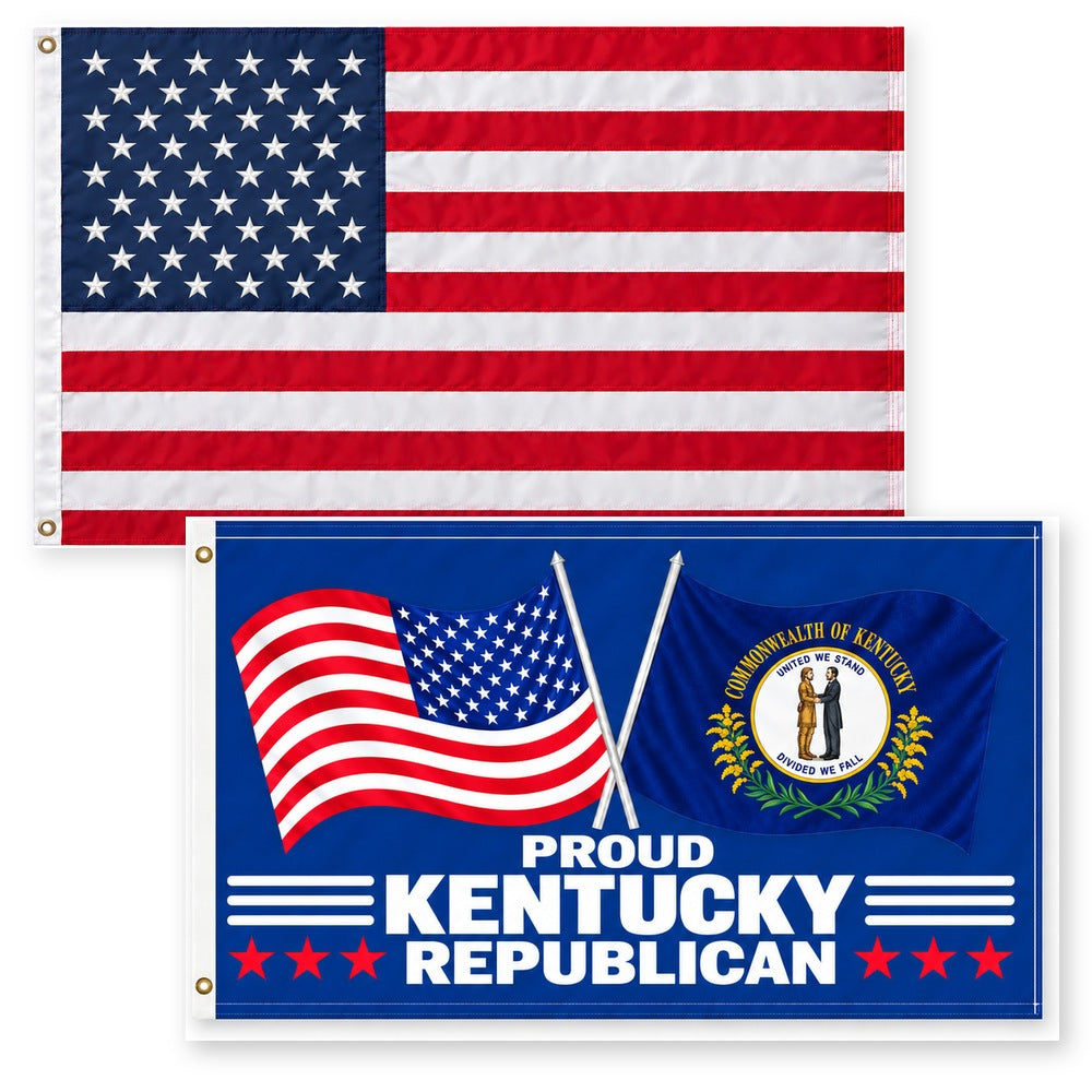 Heavy Duty American Flag and Proud Kentucky Republican Flag 3x5 2-Pack