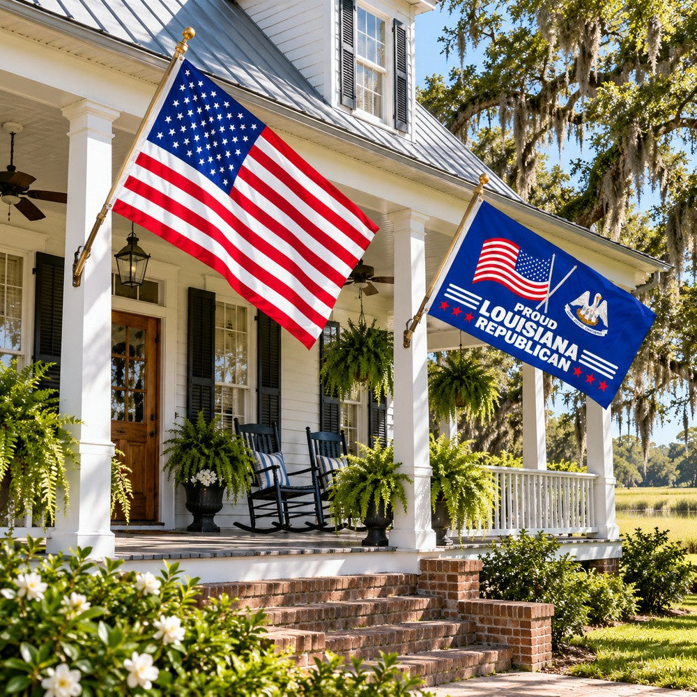 Heavy Duty American Flag and Proud Louisiana Republican Flag 3x5 2-Pack displayed outdoors