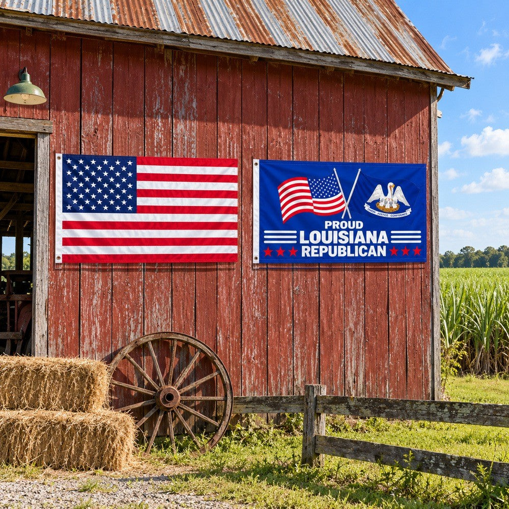 Heavy Duty American Flag and Proud Louisiana Republican Flag 3x5 2-Pack displayed outdoors
