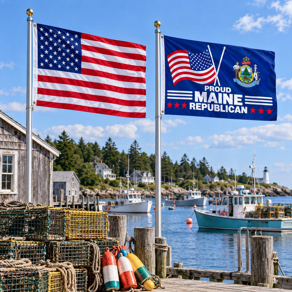 Heavy Duty American Flag and Proud Maine Republican Flag 3x5 2-Pack displayed outdoors