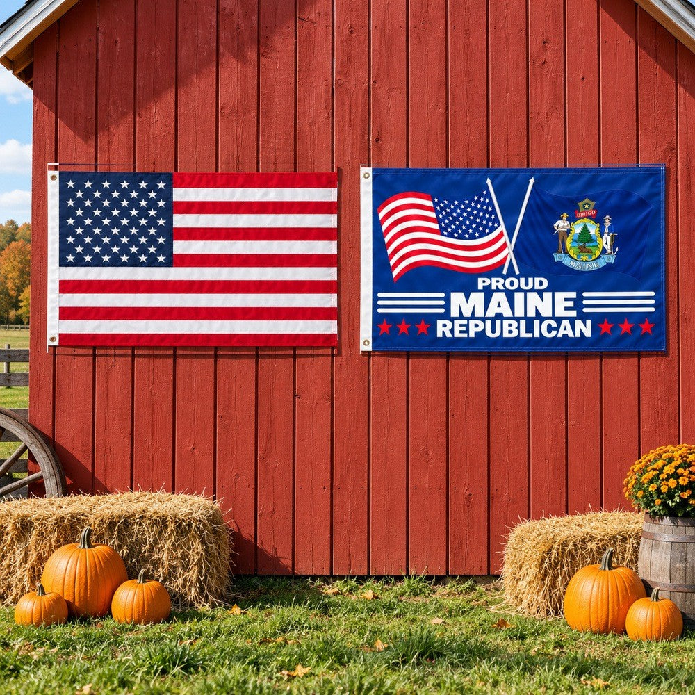 Heavy Duty American Flag and Proud Maine Republican Flag 3x5 2-Pack displayed outdoors