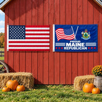 Heavy Duty American Flag and Proud Maine Republican Flag 3x5 2-Pack displayed outdoors