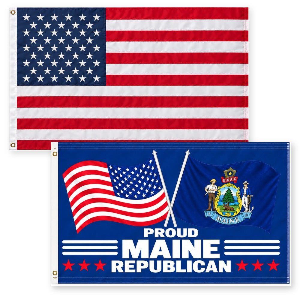 Heavy Duty American Flag and Proud Maine Republican Flag 3x5 2-Pack