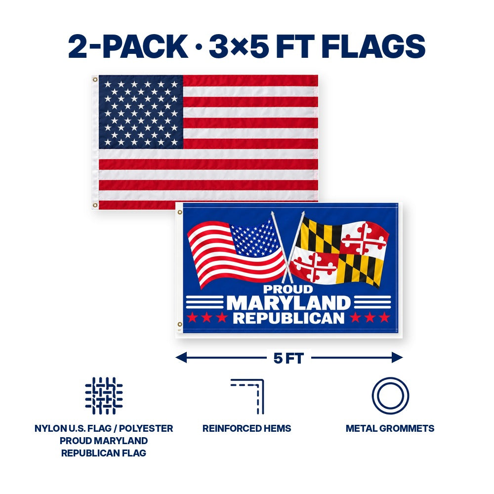 Heavy Duty American Flag and Proud Maryland Republican Flag 3x5 2-Pack features and size details