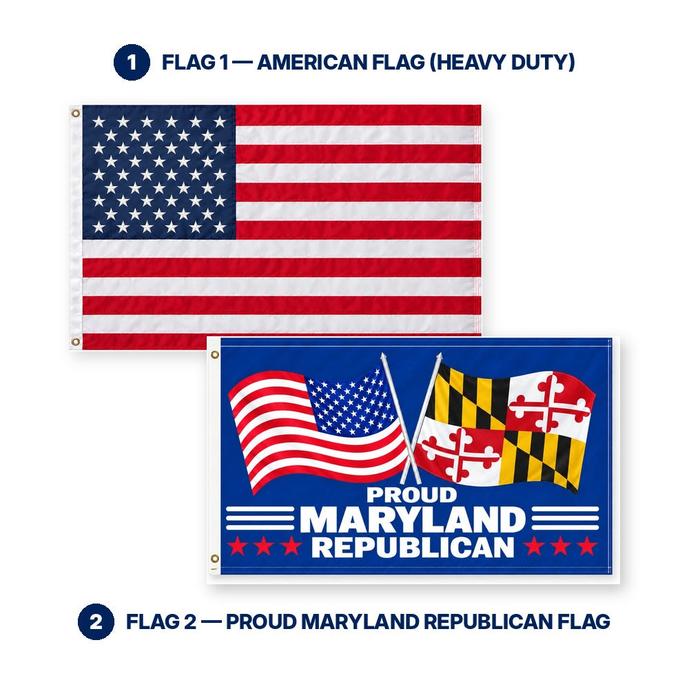 Heavy Duty American Flag and Proud Maryland Republican Flag 3x5 2-Pack features and size details