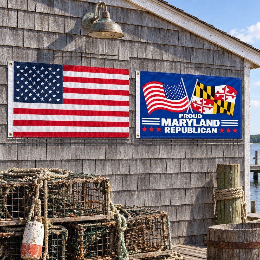 Heavy Duty American Flag and Proud Maryland Republican Flag 3x5 2-Pack displayed outdoors