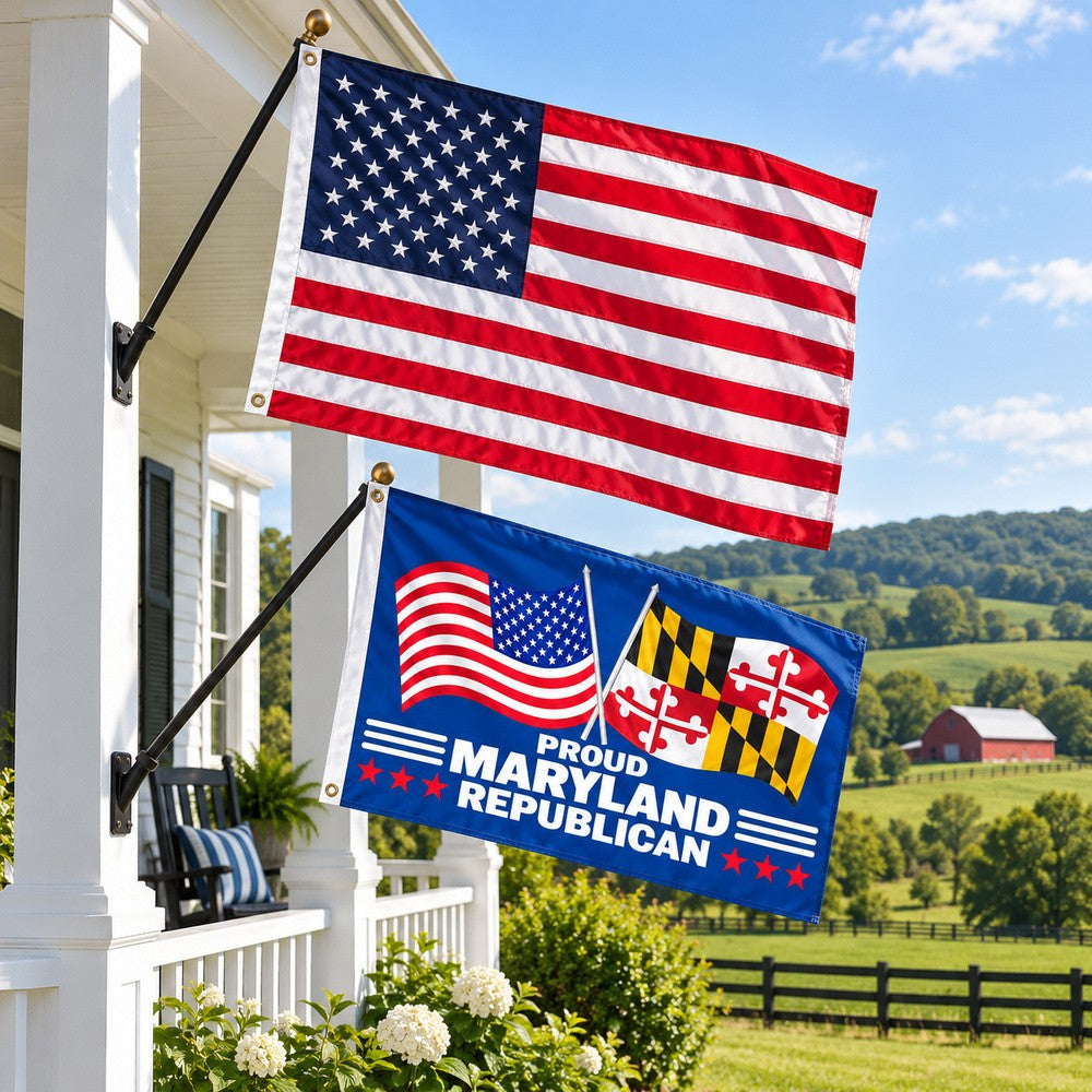 Heavy Duty American Flag and Proud Maryland Republican Flag 3x5 2-Pack displayed outdoors
