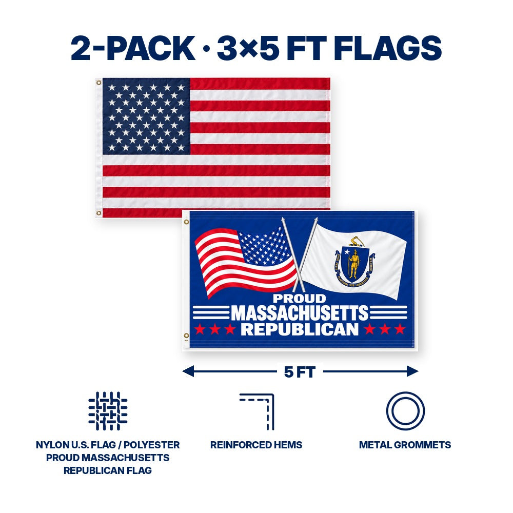 Heavy Duty American Flag and Proud Massachusetts Republican Flag 3x5 2-Pack features and size details