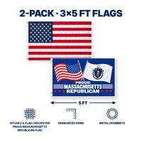 Heavy Duty American Flag and Proud Massachusetts Republican Flag 3x5 2-Pack features and size details