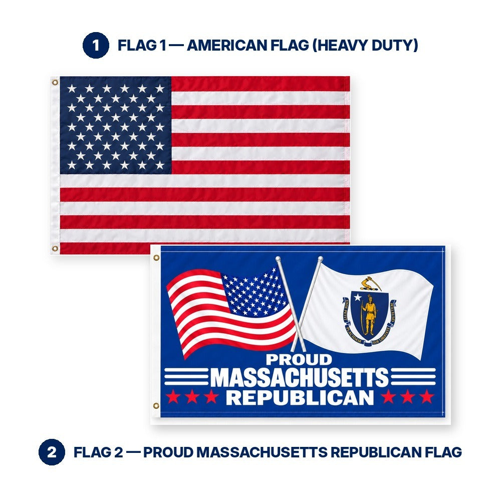 Heavy Duty American Flag and Proud Massachusetts Republican Flag 3x5 2-Pack features and size details