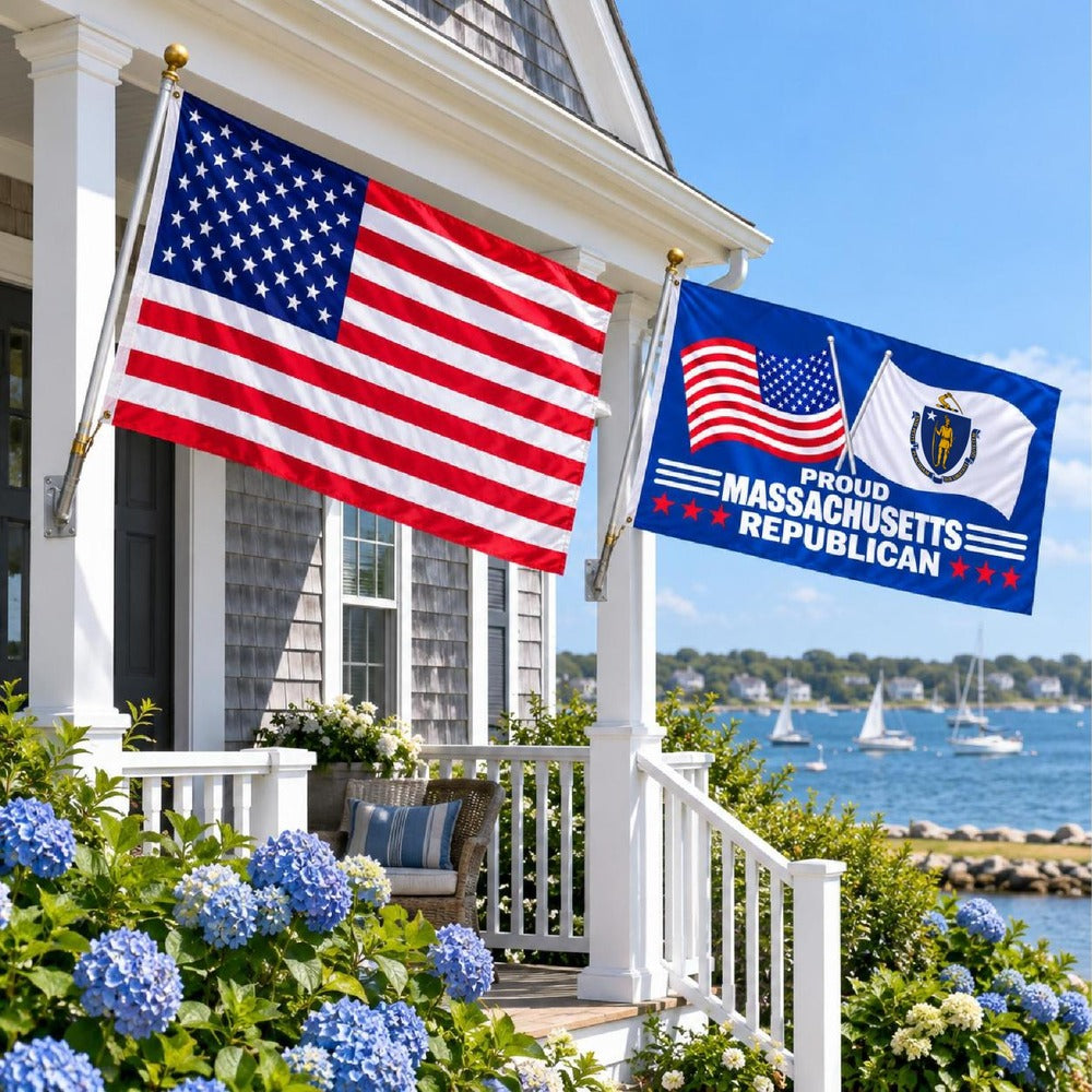 Heavy Duty American Flag and Proud Massachusetts Republican Flag 3x5 2-Pack displayed outdoors