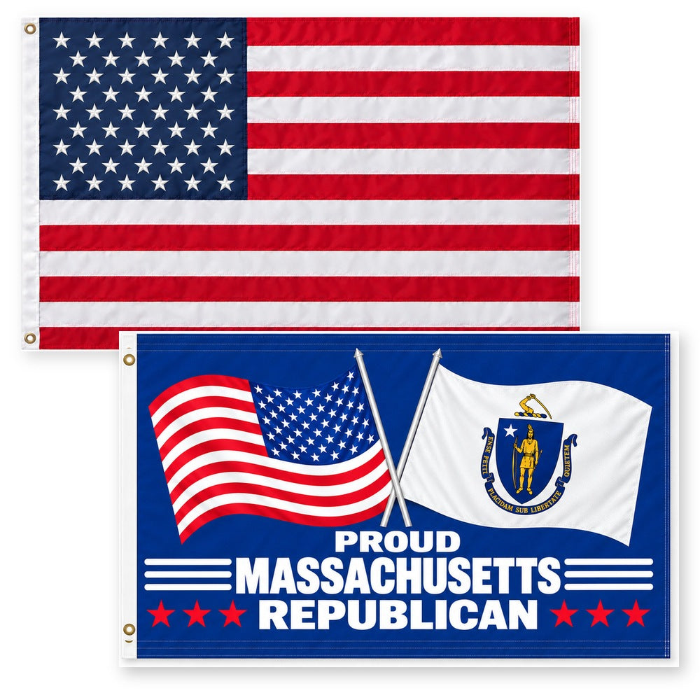 Heavy Duty American Flag and Proud Massachusetts Republican Flag 3x5 2-Pack