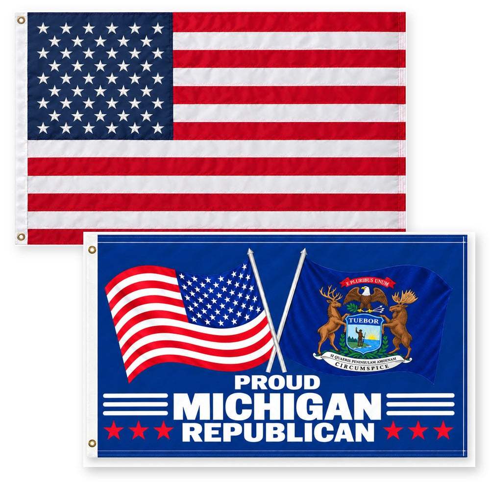 Heavy Duty American Flag and Proud Michigan Republican Flag 3x5 2-Pack