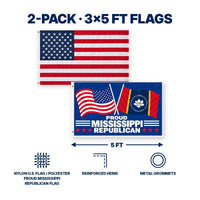 Heavy Duty American Flag and Proud Mississippi Republican Flag 3x5 2-Pack features and size details