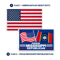 Heavy Duty American Flag and Proud Mississippi Republican Flag 3x5 2-Pack features and size details