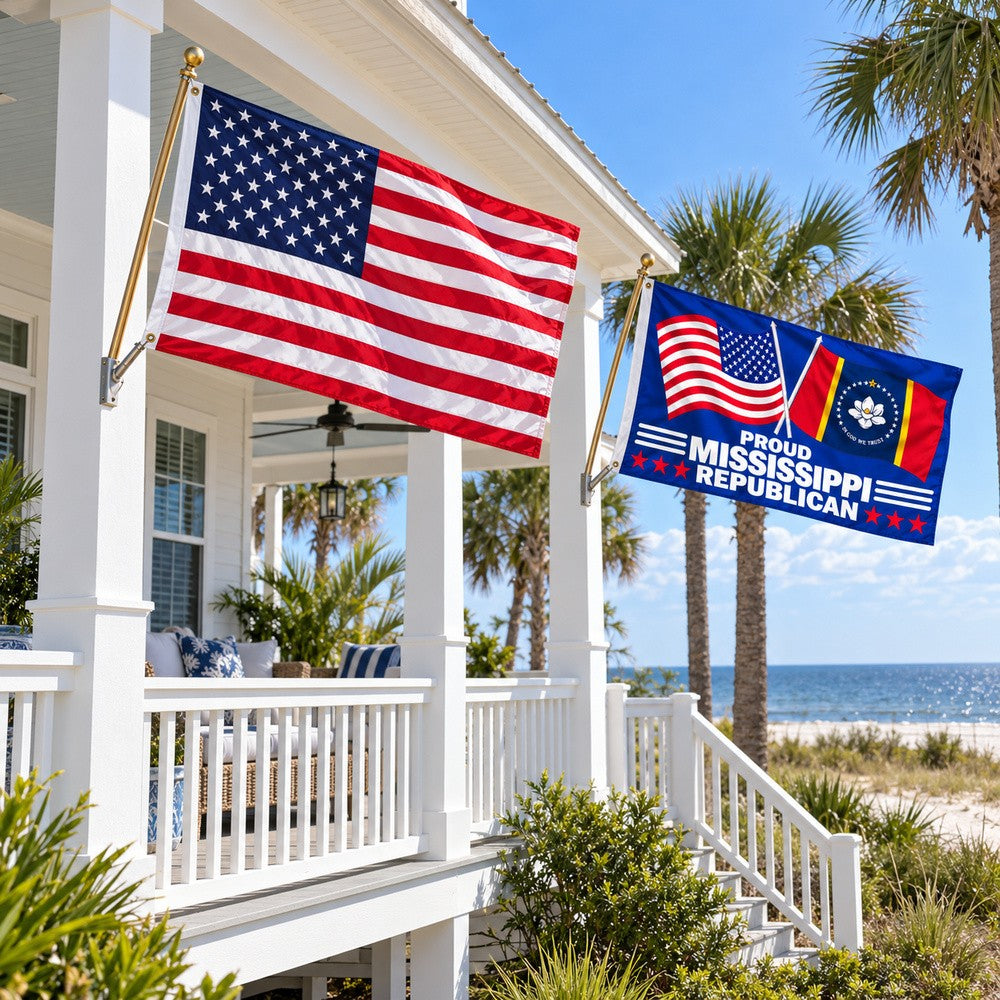 Heavy Duty American Flag and Proud Mississippi Republican Flag 3x5 2-Pack displayed outdoors