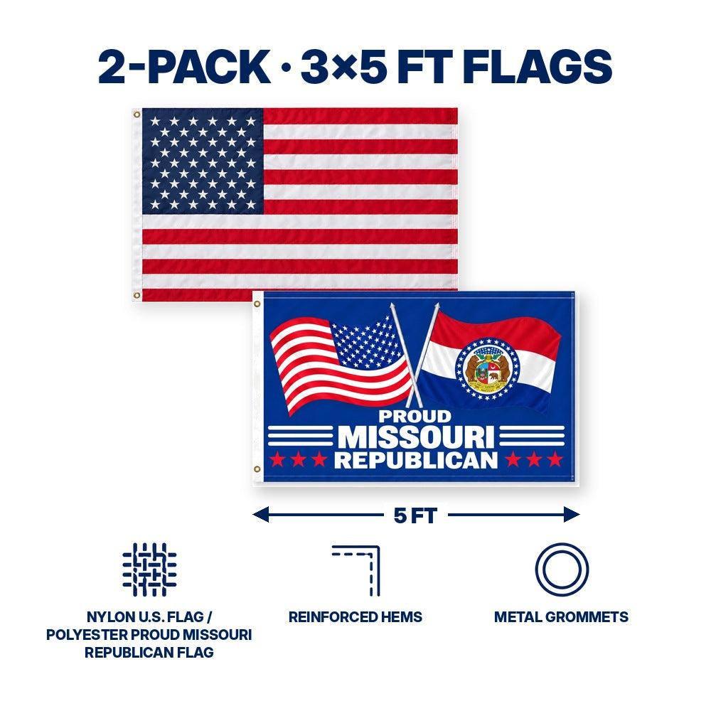 Heavy Duty American Flag and Proud Missouri Republican Flag 3x5 2-Pack features and size details