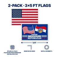 Heavy Duty American Flag and Proud Missouri Republican Flag 3x5 2-Pack features and size details