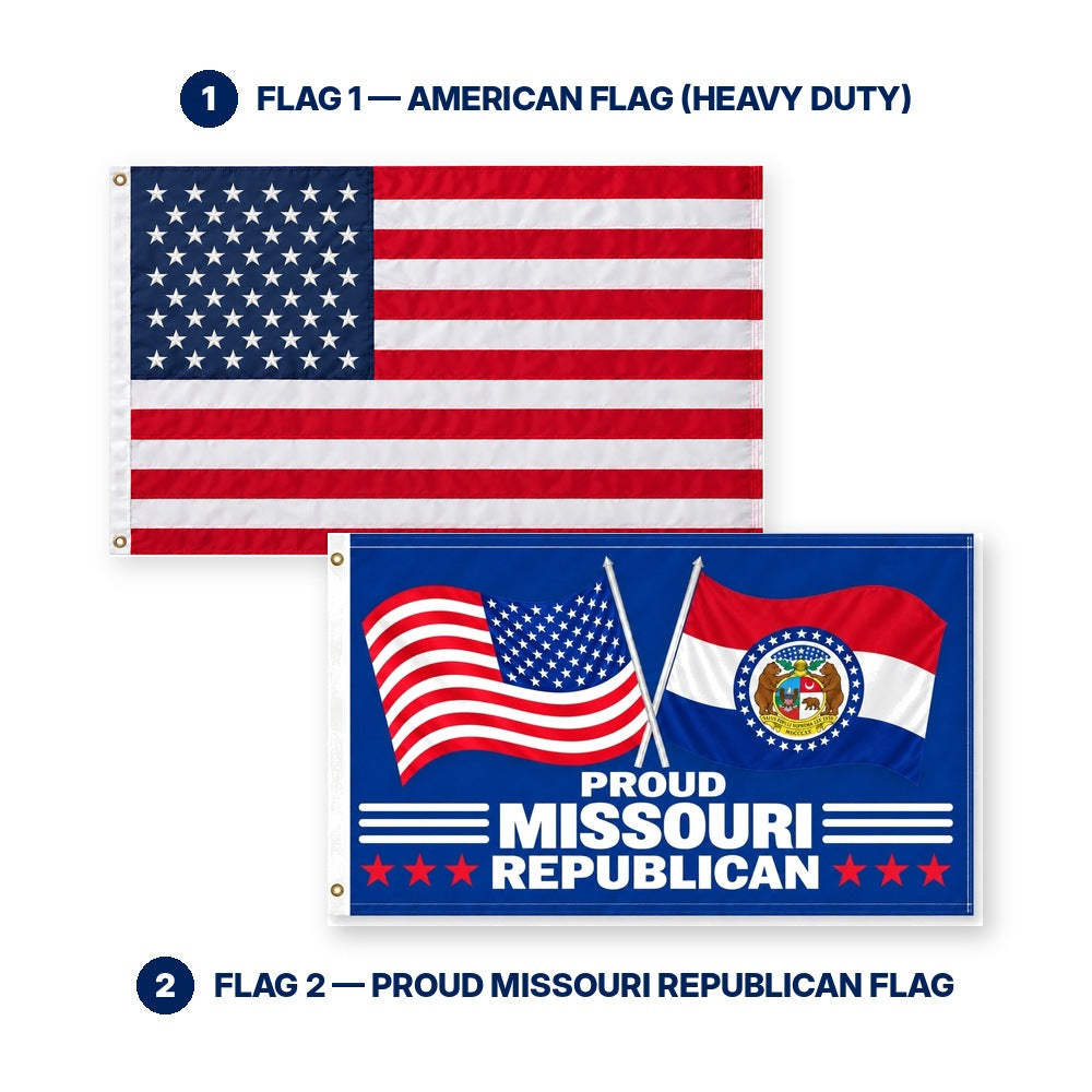Heavy Duty American Flag and Proud Missouri Republican Flag 3x5 2-Pack features and size details