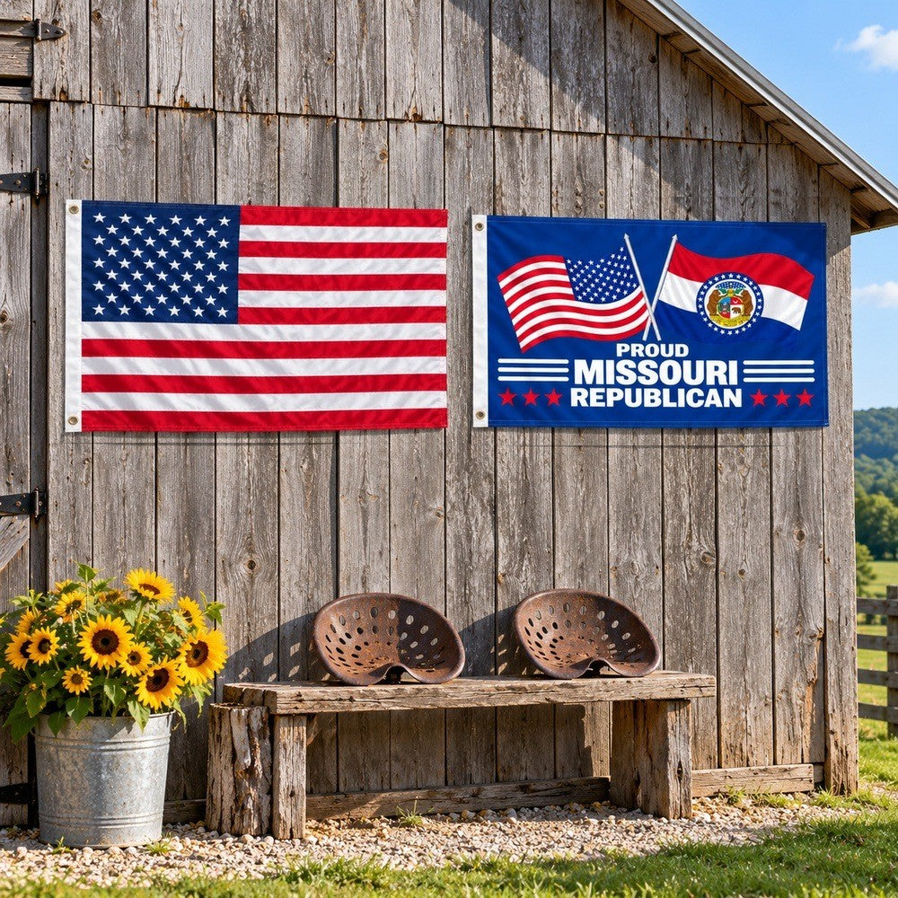 Heavy Duty American Flag and Proud Missouri Republican Flag 3x5 2-Pack displayed outdoors