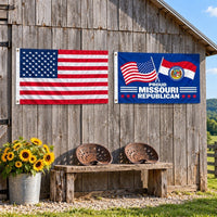 Heavy Duty American Flag and Proud Missouri Republican Flag 3x5 2-Pack displayed outdoors