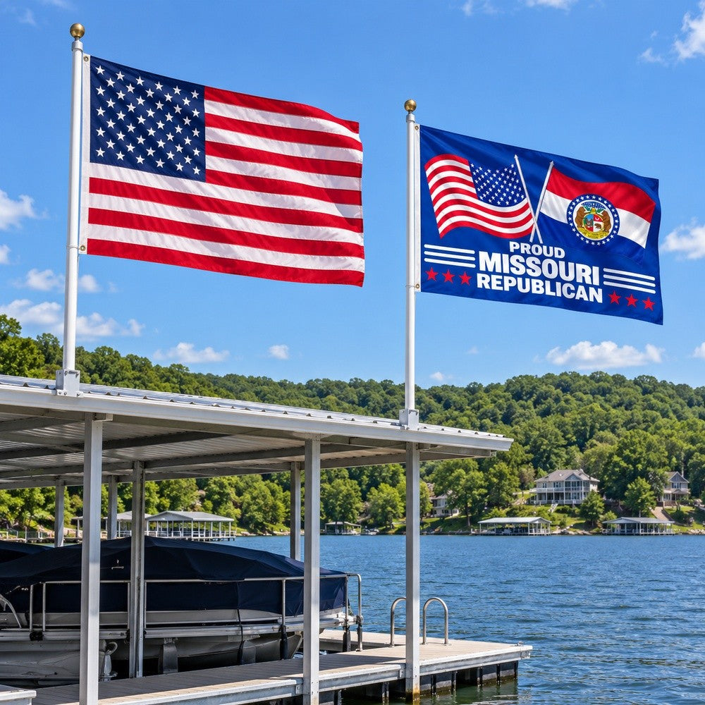 Heavy Duty American Flag and Proud Missouri Republican Flag 3x5 2-Pack displayed outdoors