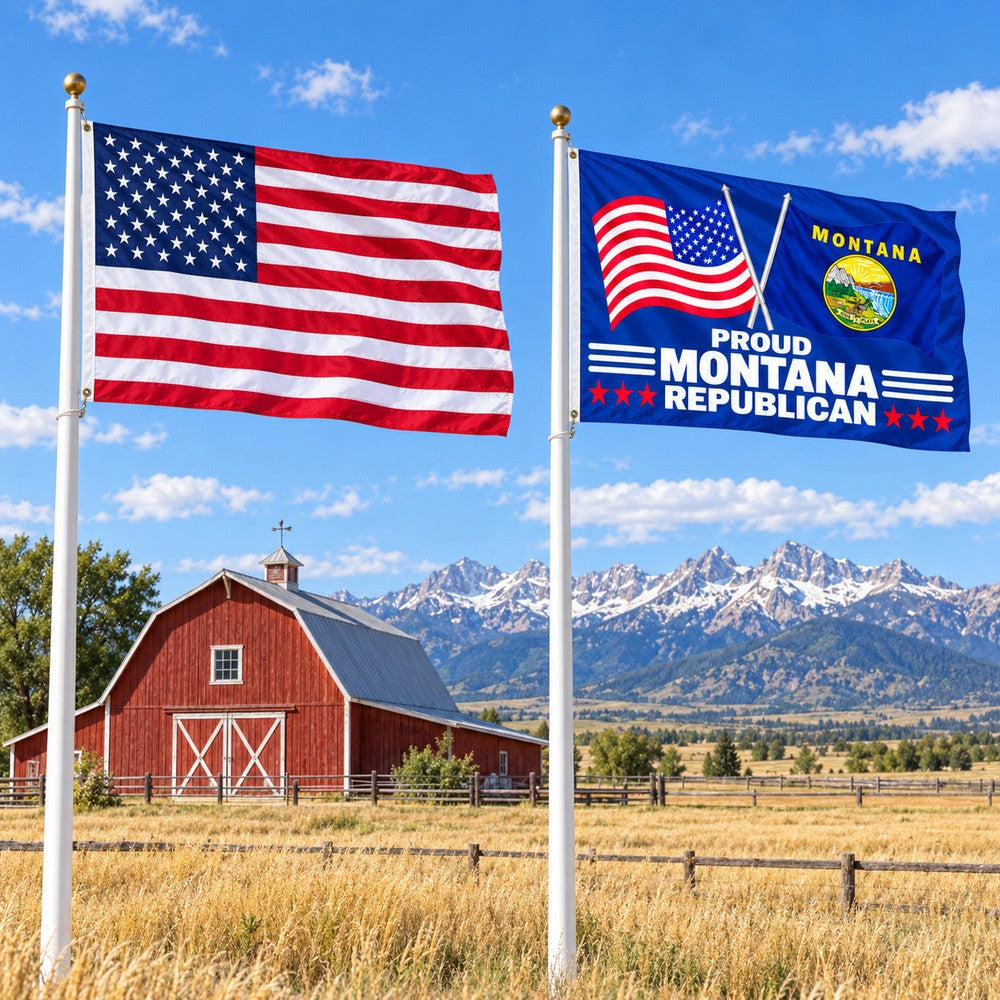 Heavy Duty American Flag and Proud Montana Republican Flag 3x5 2-Pack displayed outdoors