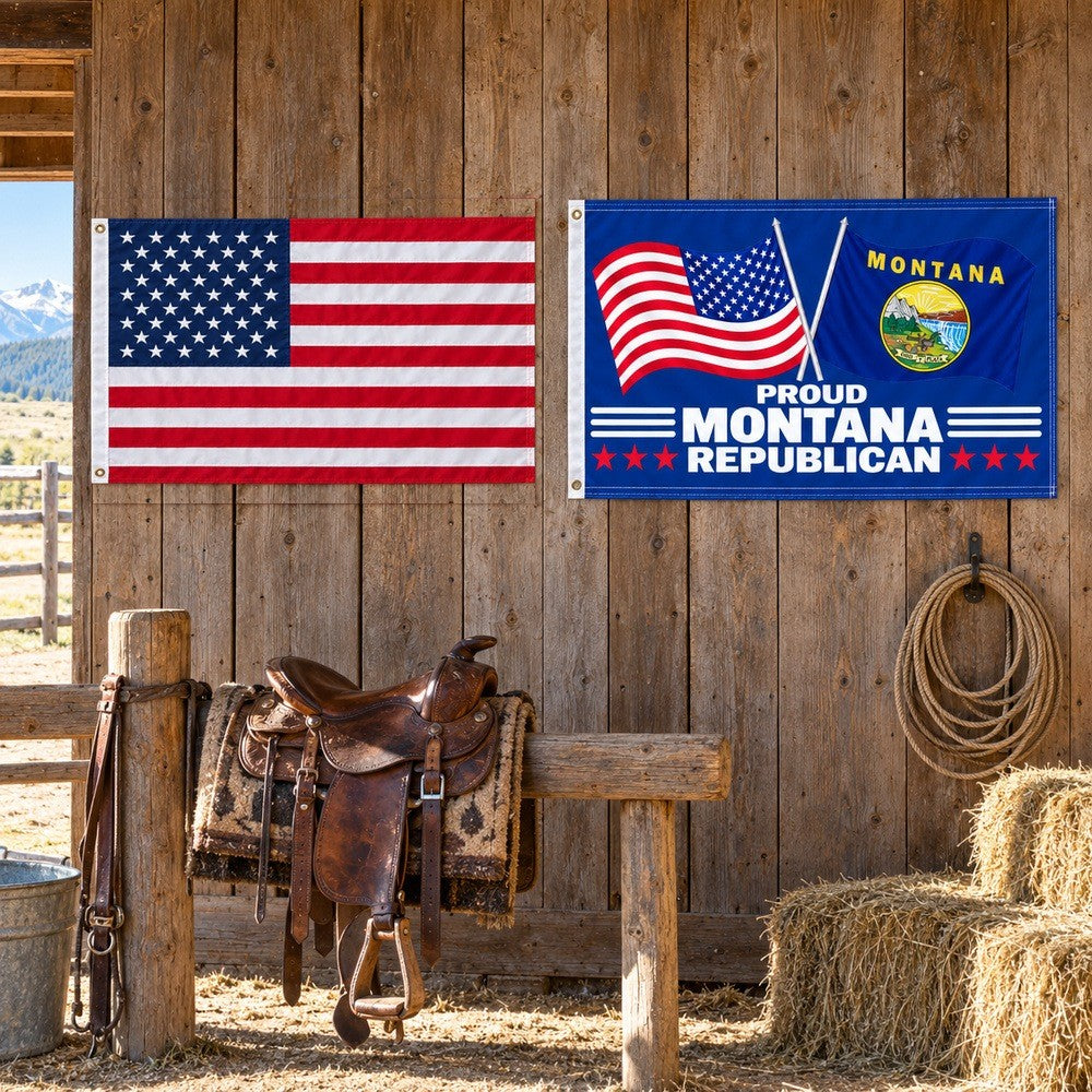 Heavy Duty American Flag and Proud Montana Republican Flag 3x5 2-Pack displayed outdoors