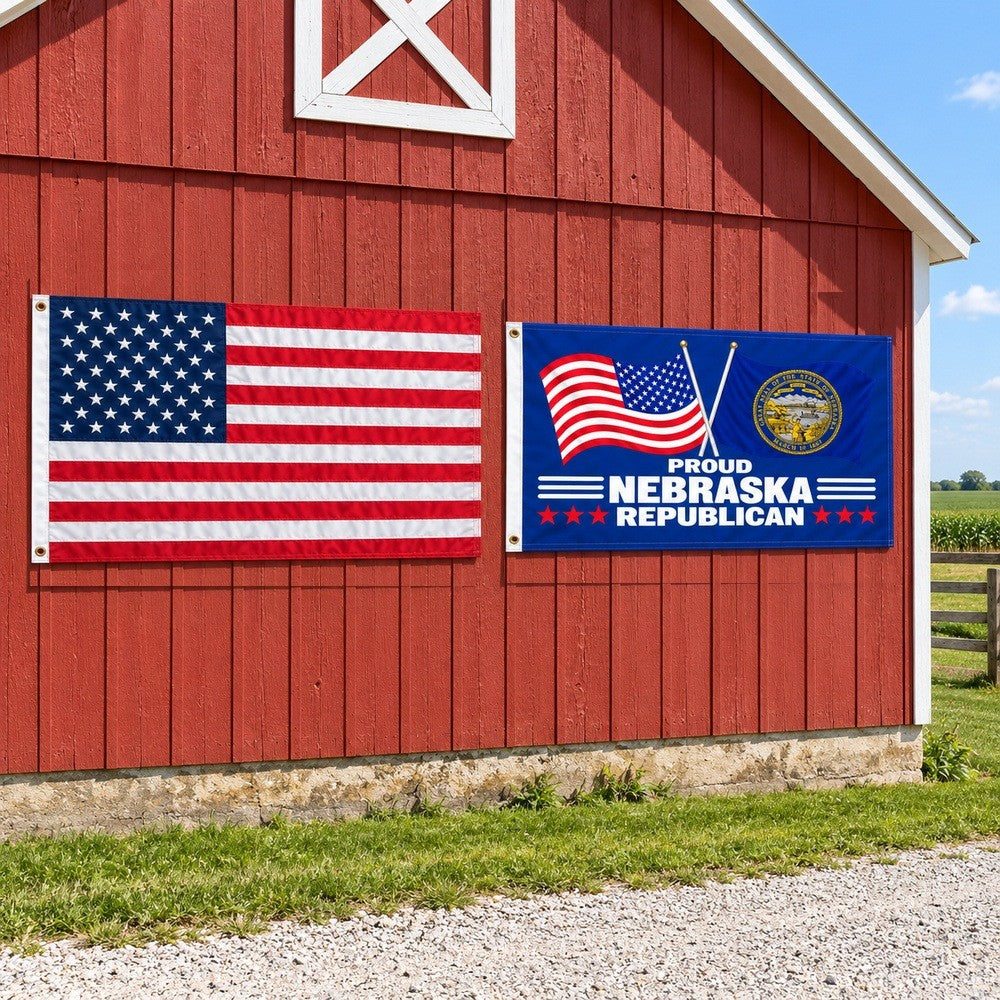 Heavy Duty American Flag and Proud Nebraska Republican Flag 3x5 2-Pack displayed outdoors