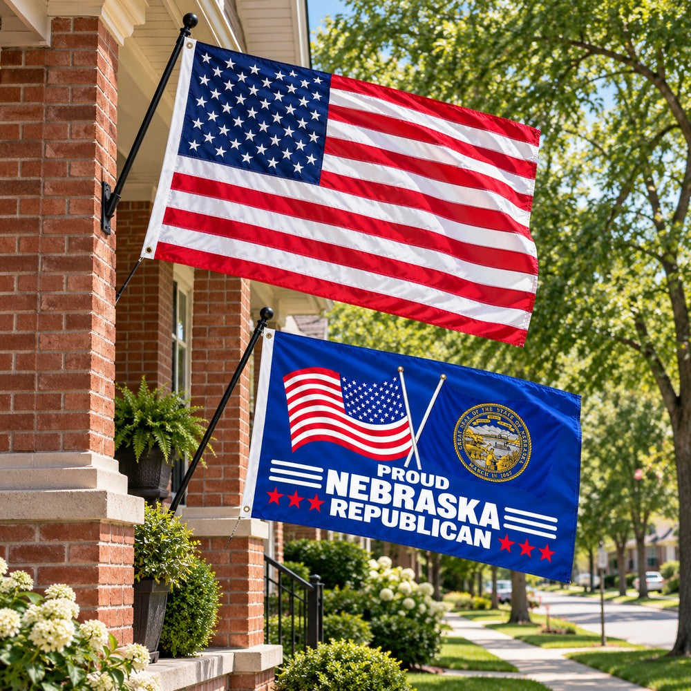 Heavy Duty American Flag and Proud Nebraska Republican Flag 3x5 2-Pack displayed outdoors
