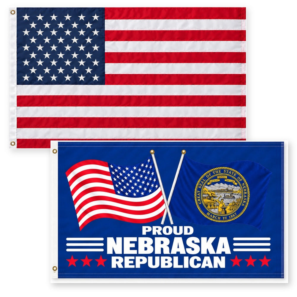 Heavy Duty American Flag and Proud Nebraska Republican Flag 3x5 2-Pack