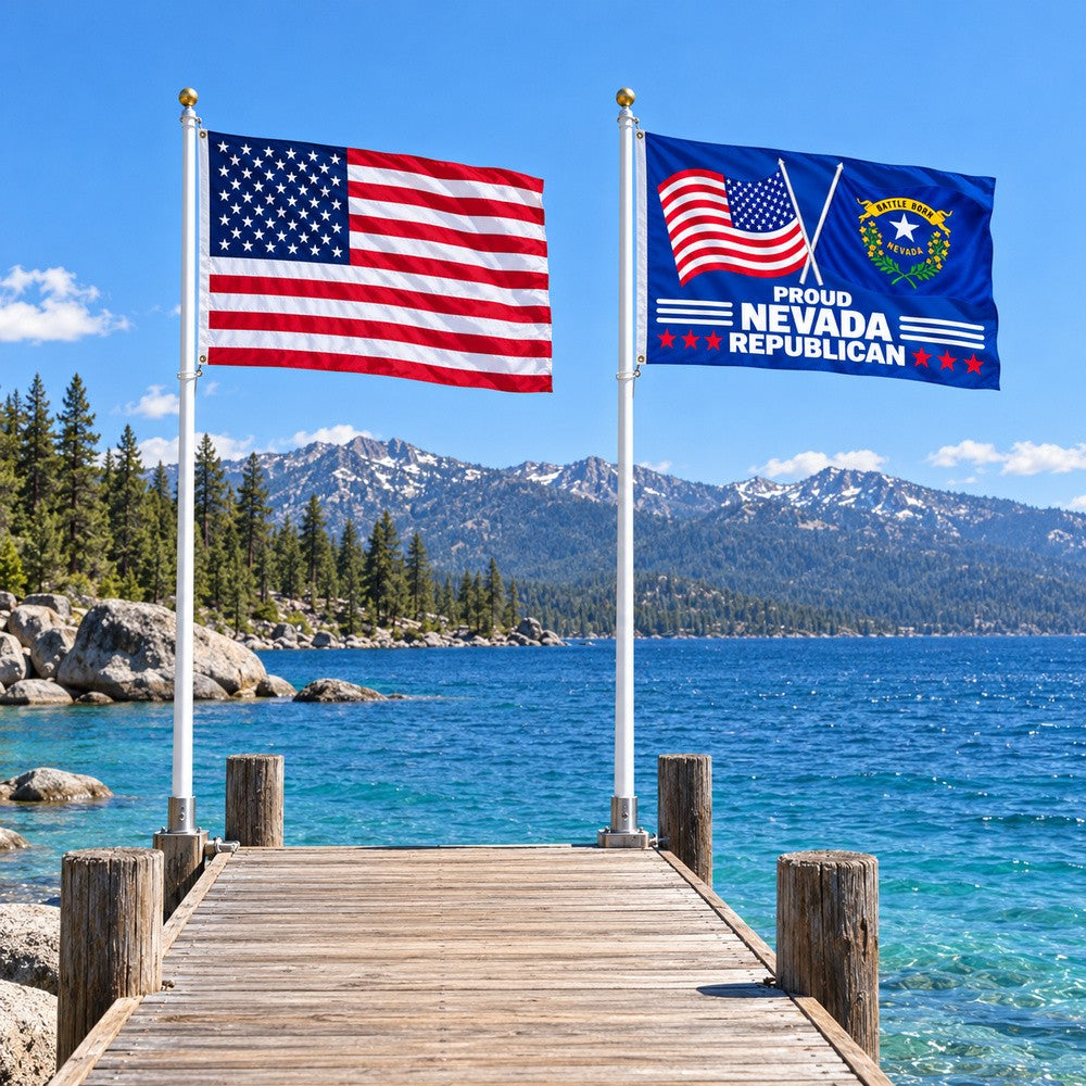 Heavy Duty American Flag and Proud Nevada Republican Flag 3x5 2-Pack displayed outdoors