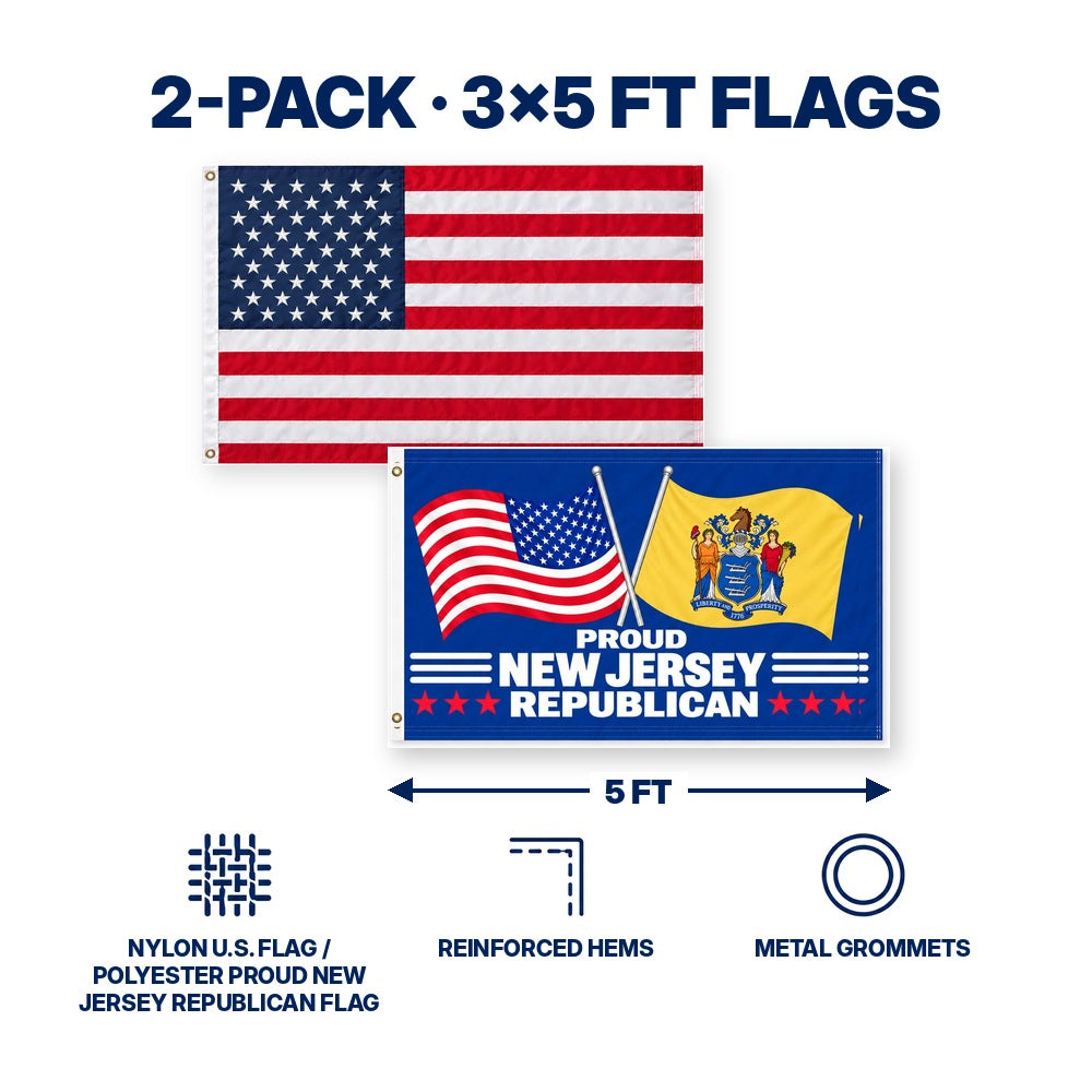 Heavy Duty American Flag and Proud New Jersey Republican Flag 3x5 2-Pack features and size details