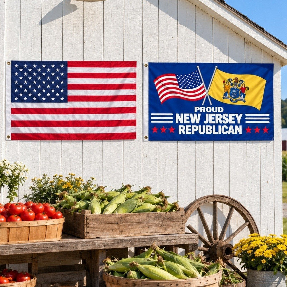 Heavy Duty American Flag and Proud New Jersey Republican Flag 3x5 2-Pack displayed outdoors