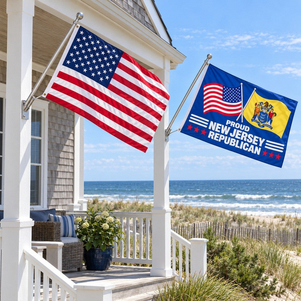 Heavy Duty American Flag and Proud New Jersey Republican Flag 3x5 2-Pack displayed outdoors