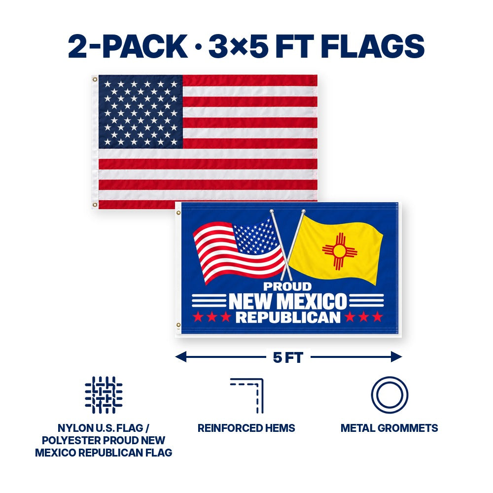 Heavy Duty American Flag and Proud New Mexico Republican Flag 3x5 2-Pack features and size details