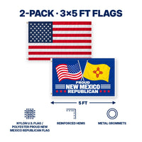 Heavy Duty American Flag and Proud New Mexico Republican Flag 3x5 2-Pack features and size details