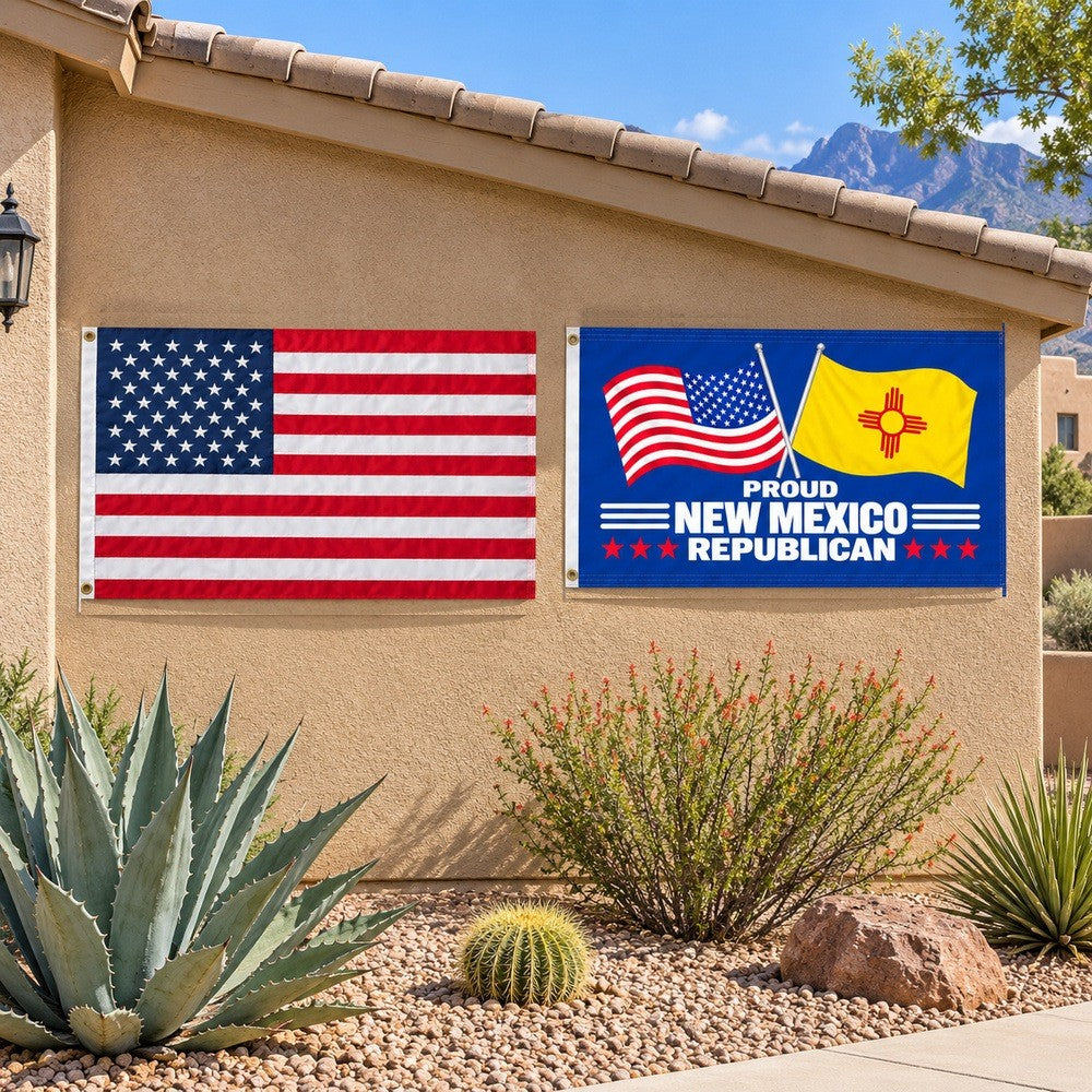 Heavy Duty American Flag and Proud New Mexico Republican Flag 3x5 2-Pack displayed outdoors